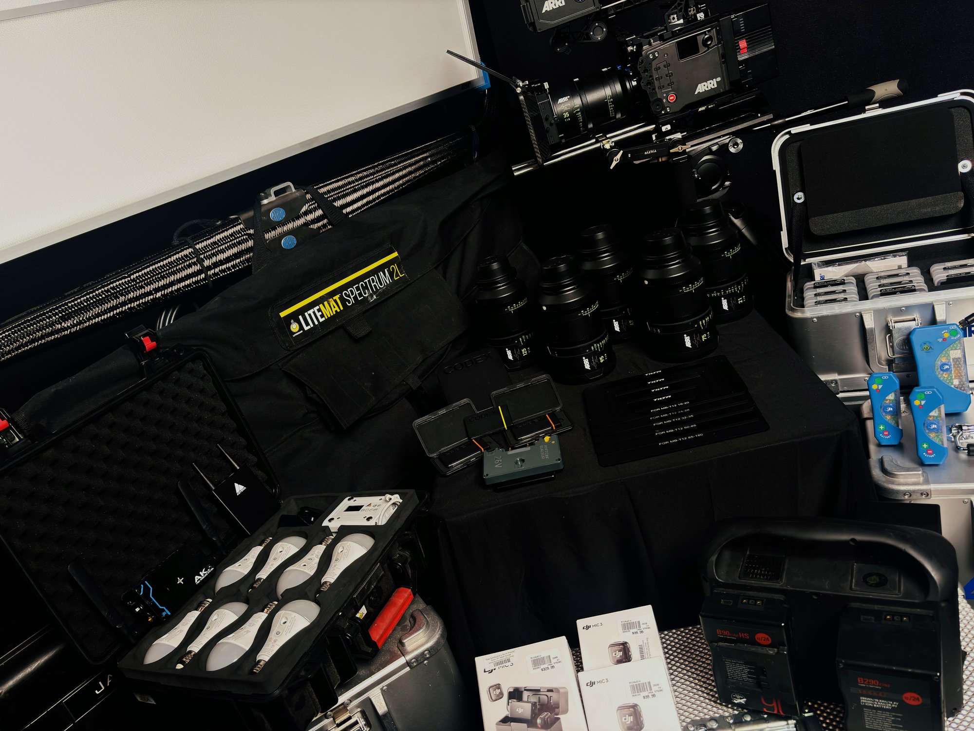 AKJA Music Video Complete Kit laid out — ALEXA 35, all six Signature Primes, LiteMat Spectrum 2L, Astera NYX bulbs, Impression V filter kit, bebob B-mount batteries, and cases